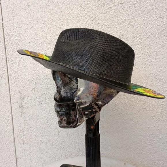 Hand Painted Black Hat with Sunflower and Leaf Design Summer  display picture 1